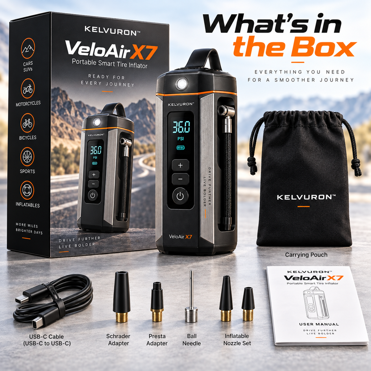 Kelvuron™ VeloAir X7 Portable Smart Tire Inflator