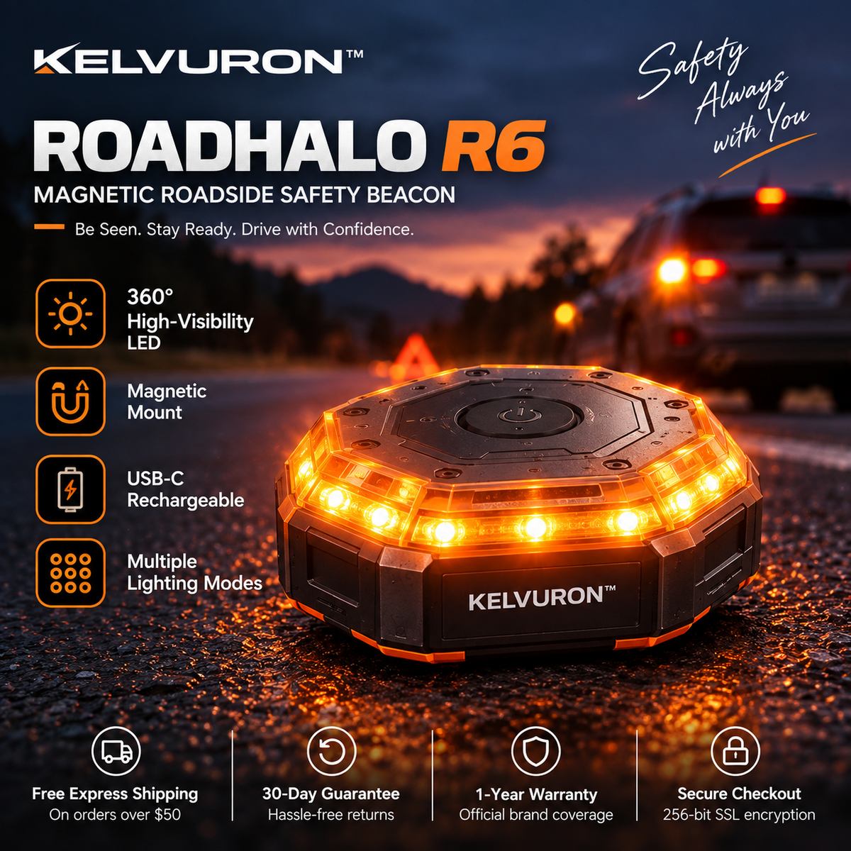 KELVURON™ RoadHalo R6 Magnetic Roadside Safety Beacon