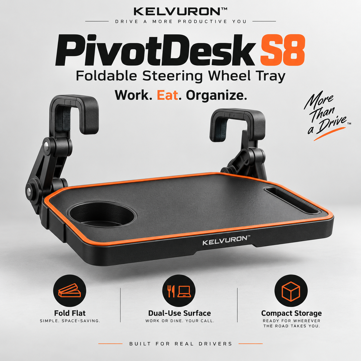 KELVURON™ PivotDesk S8 Foldable Steering Wheel Tray