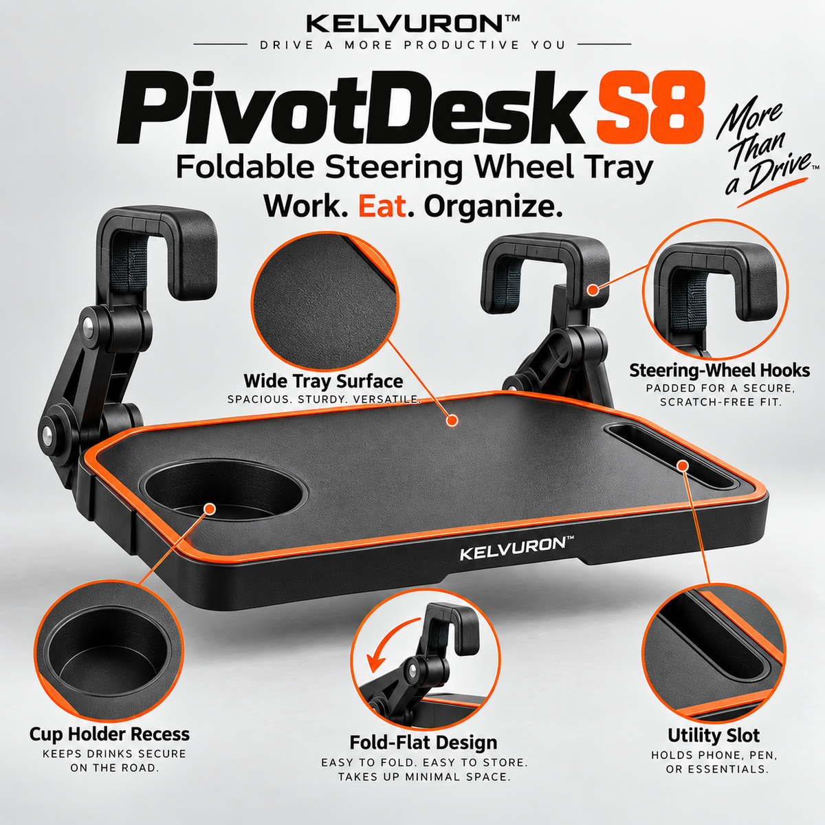 KELVURON™ PivotDesk S8 Foldable Steering Wheel Tray