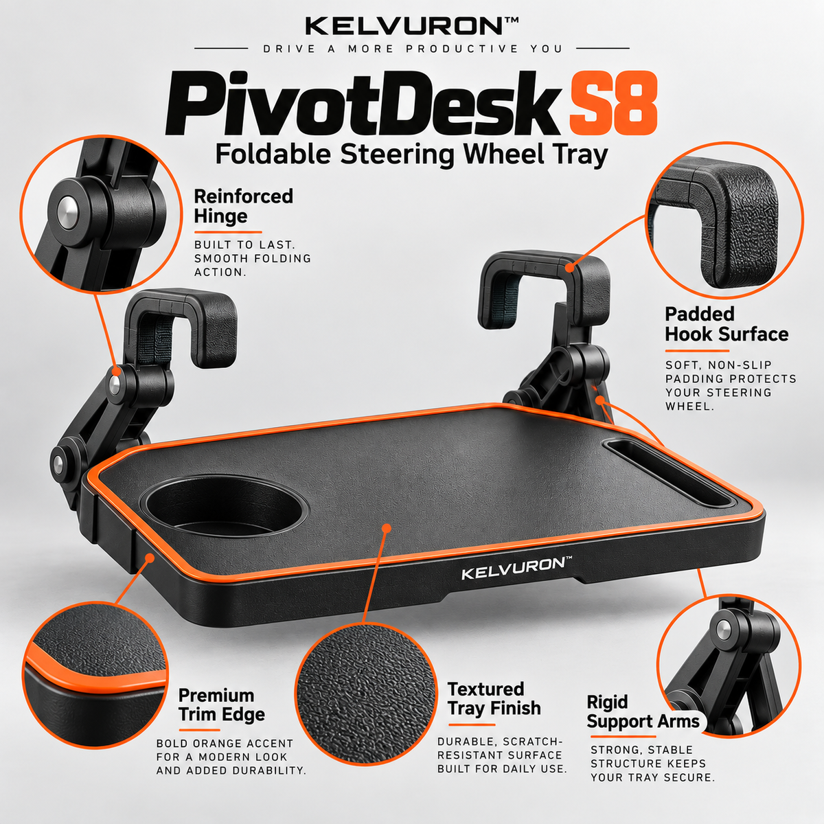 KELVURON™ PivotDesk S8 Foldable Steering Wheel Tray