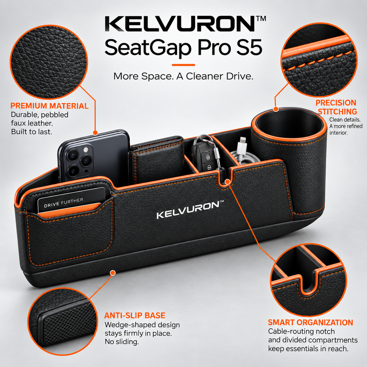 KELVURON™ SeatGap Pro S5 Car Seat Gap Organizer