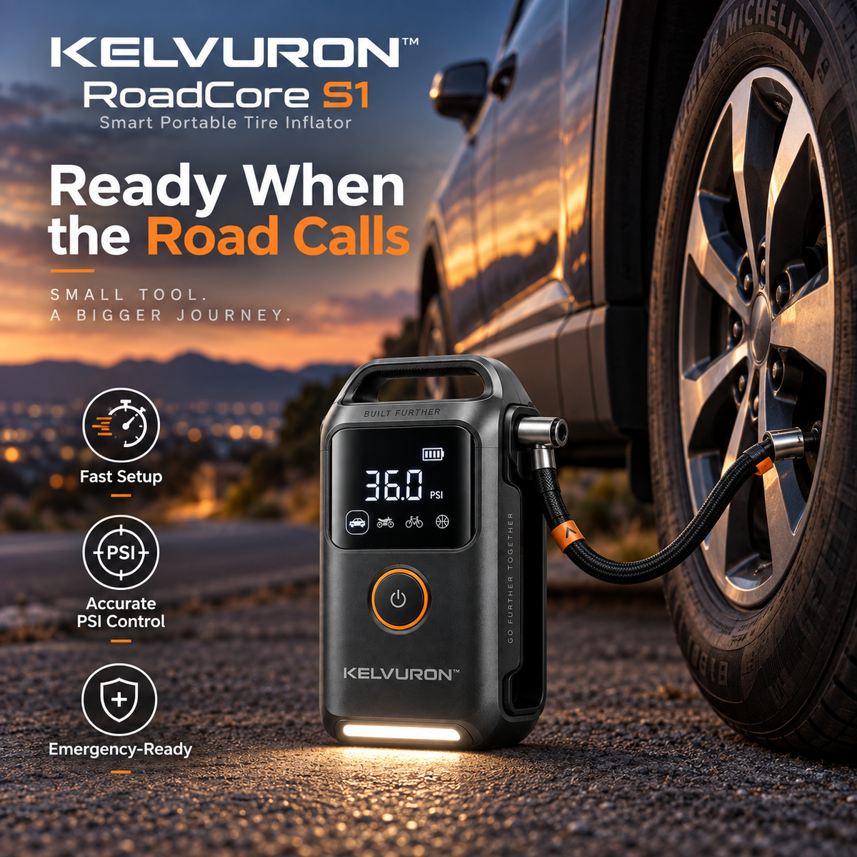KELVURON™ RoadCore S1 Smart Portable Tire Inflator