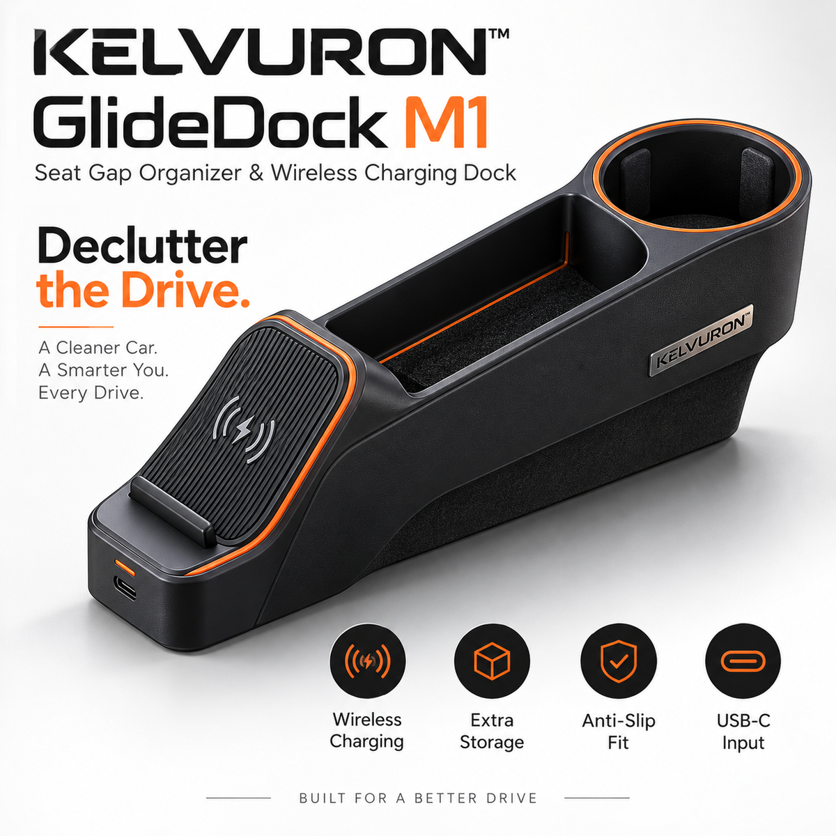 KELVURON™ GlideDock M1 Seat Gap Organizer & Wireless Charging Dock
