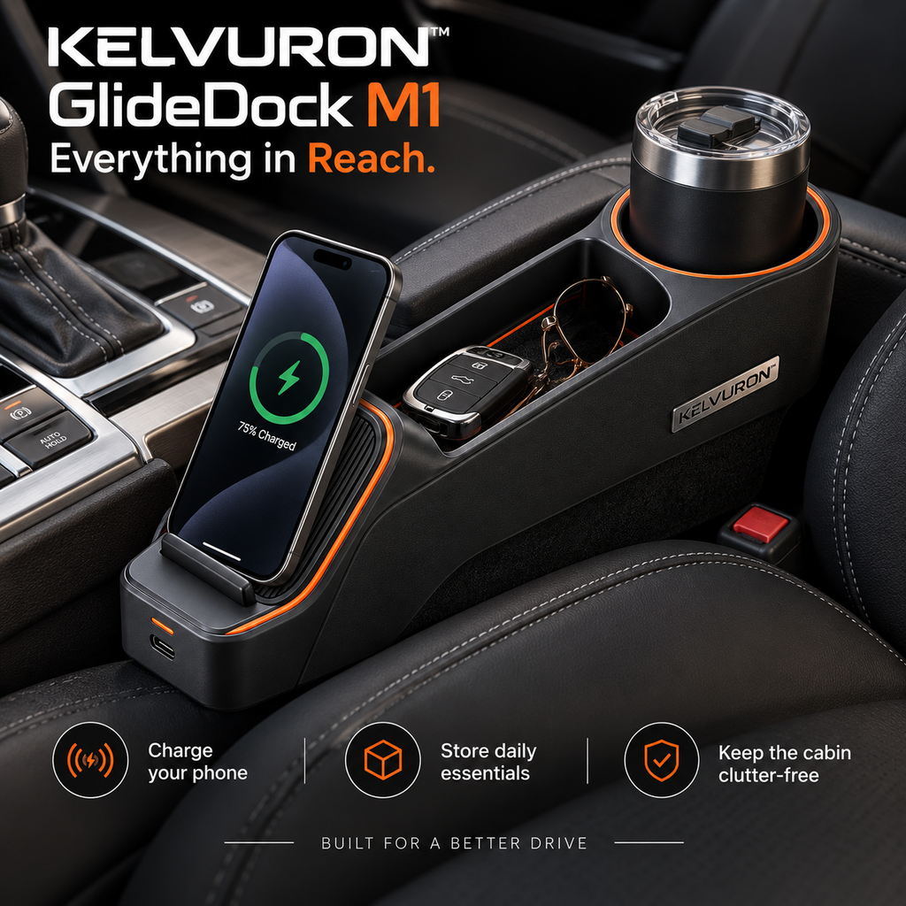 KELVURON™ GlideDock M1 Seat Gap Organizer & Wireless Charging Dock