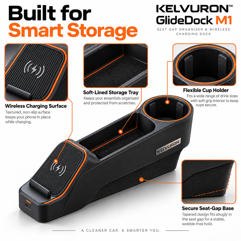 KELVURON™ GlideDock M1 Seat Gap Organizer & Wireless Charging Dock