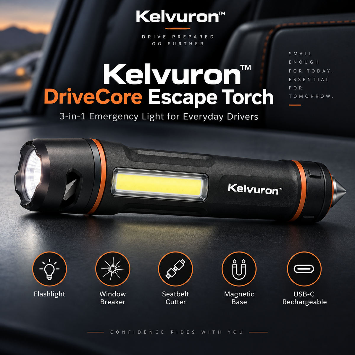 Kelvuron™ DriveCore Escape Torch  Compact Rechargeable Vehicle Emergency Light & Escape Tool