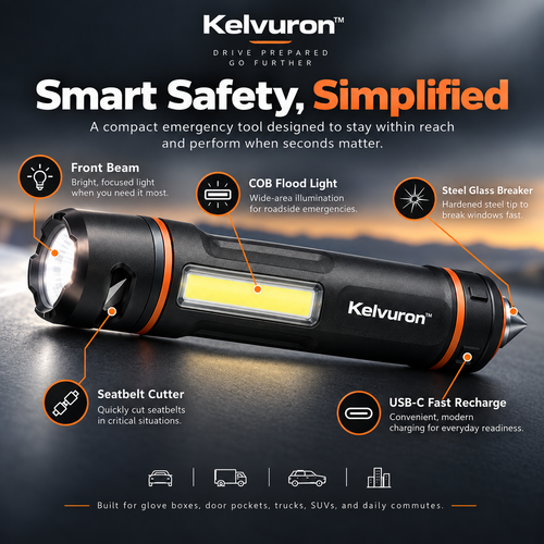 Kelvuron™ DriveCore Escape Torch  Compact Rechargeable Vehicle Emergency Light & Escape Tool