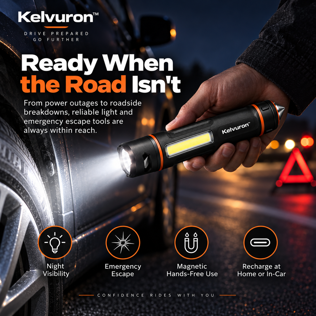 Kelvuron™ DriveCore Escape Torch  Compact Rechargeable Vehicle Emergency Light & Escape Tool