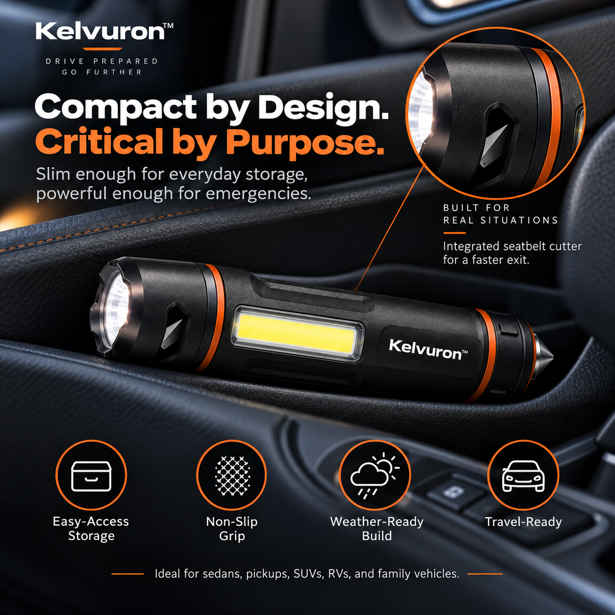 Kelvuron™ DriveCore Escape Torch  Compact Rechargeable Vehicle Emergency Light & Escape Tool