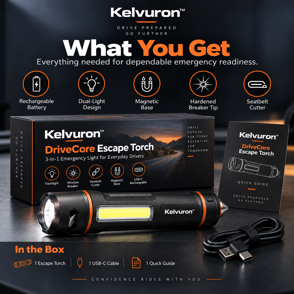Kelvuron™ DriveCore Escape Torch  Compact Rechargeable Vehicle Emergency Light & Escape Tool