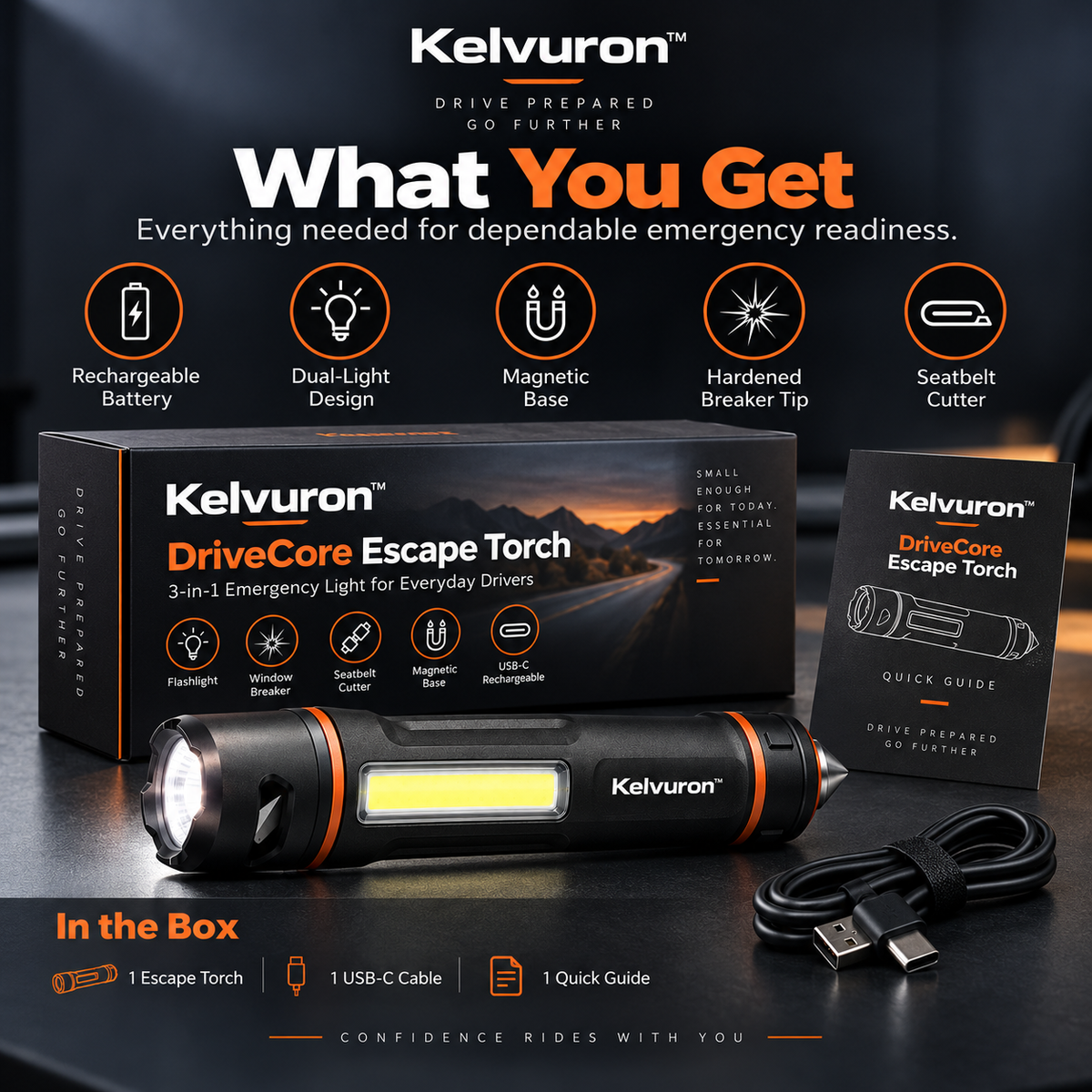 Kelvuron™ DriveCore Escape Torch  Compact Rechargeable Vehicle Emergency Light & Escape Tool