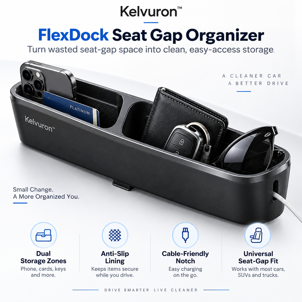 Kelvuron™ FlexDock Seat Gap Organizer  Premium Car Seat Gap Storage Dock