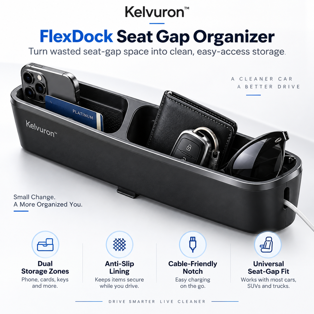 Kelvuron™ FlexDock Seat Gap Organizer  Premium Car Seat Gap Storage Dock