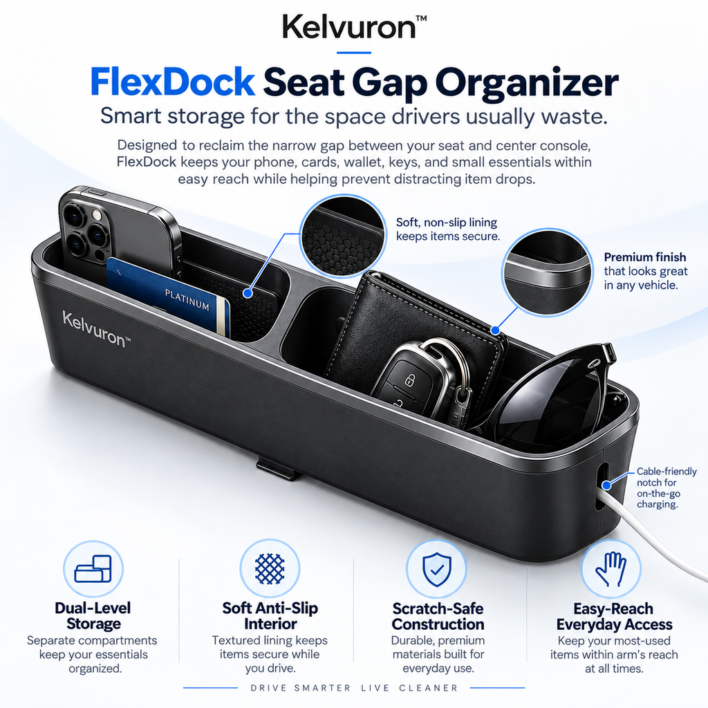 Kelvuron™ FlexDock Seat Gap Organizer  Premium Car Seat Gap Storage Dock