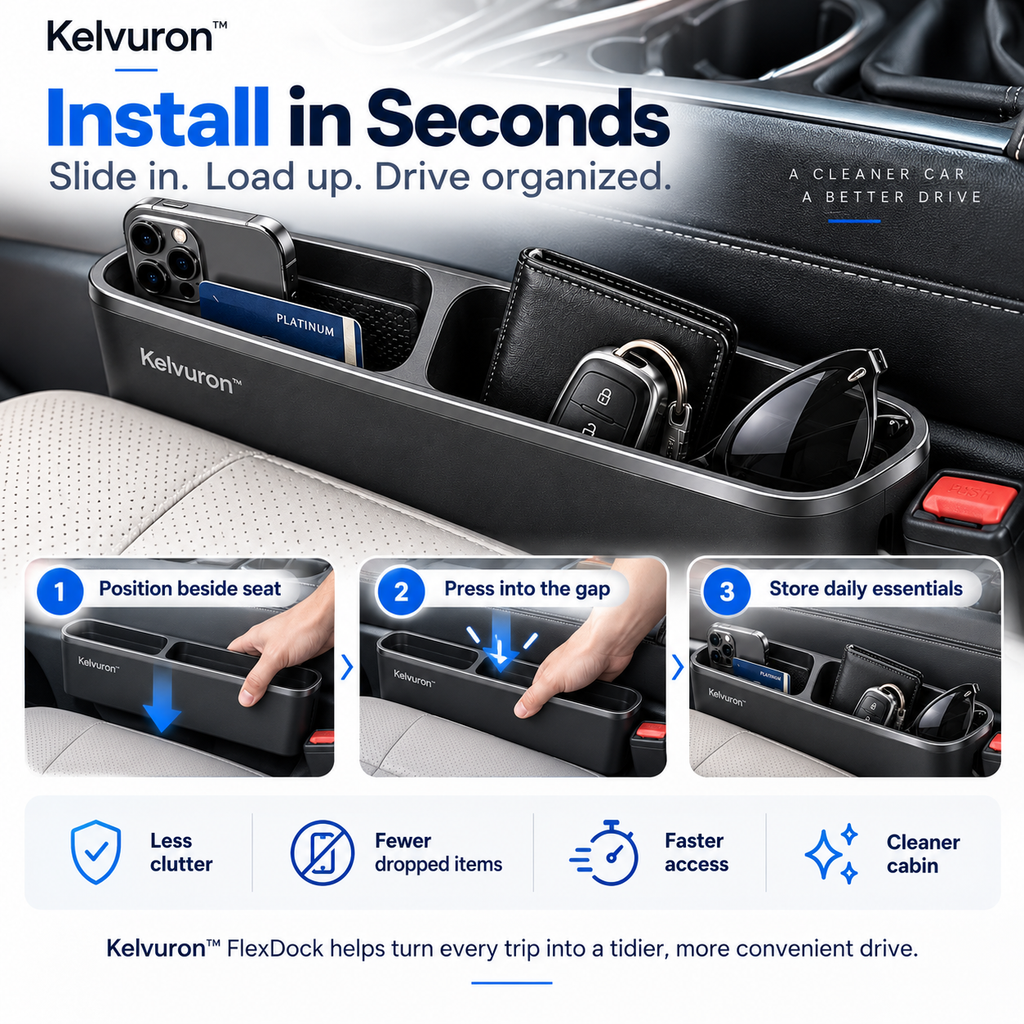 Kelvuron™ FlexDock Seat Gap Organizer  Premium Car Seat Gap Storage Dock