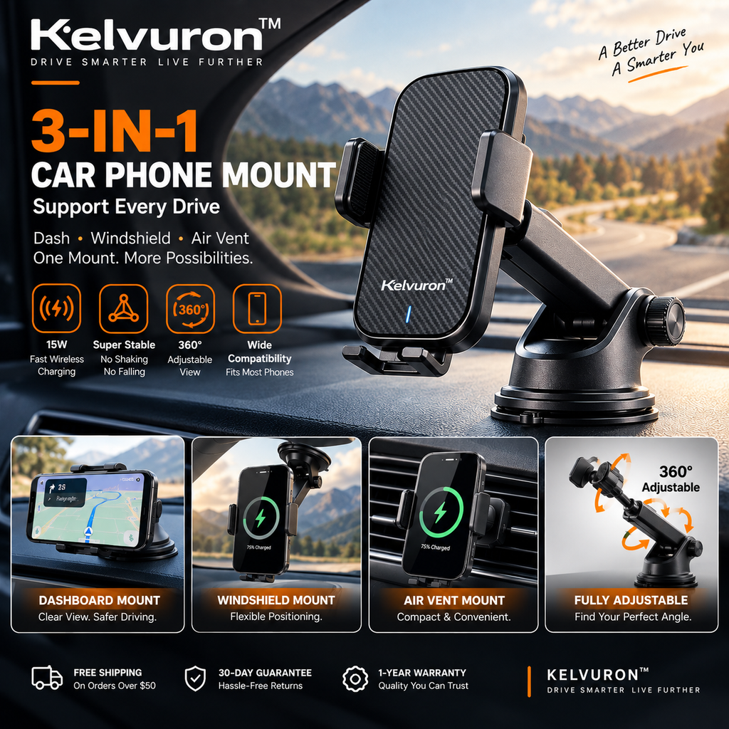 KELVURON™ VisionDock X9 3-in-1 Wireless Charging Car Phone Mount